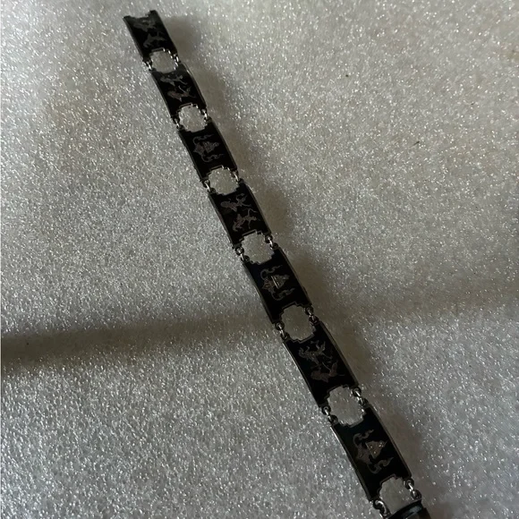 Antique Black Enamel Siam Sterling Panel Bracelet with Asian Motif - Picture 6 of 7